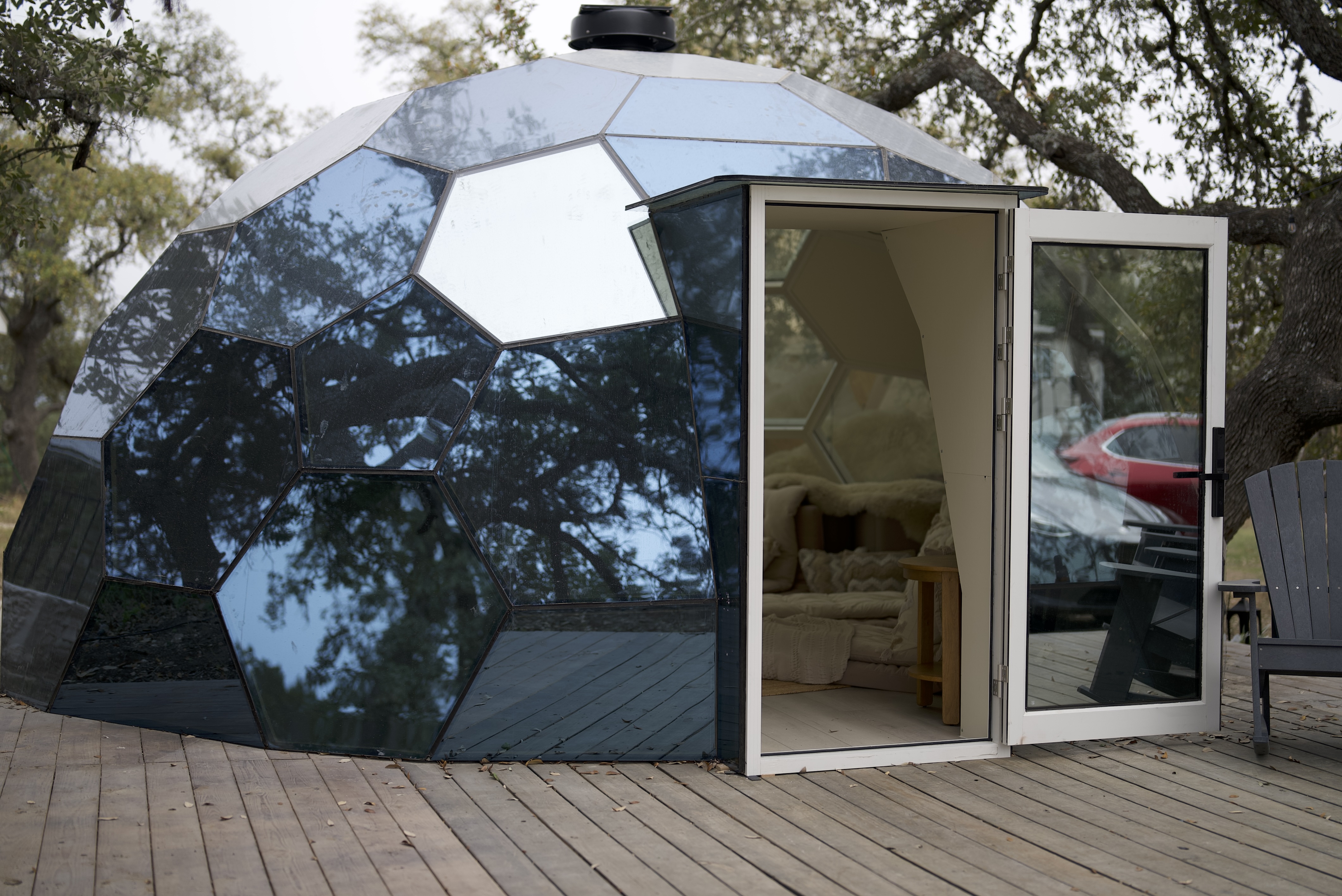 Geodesic honeycomb dome under the oaks