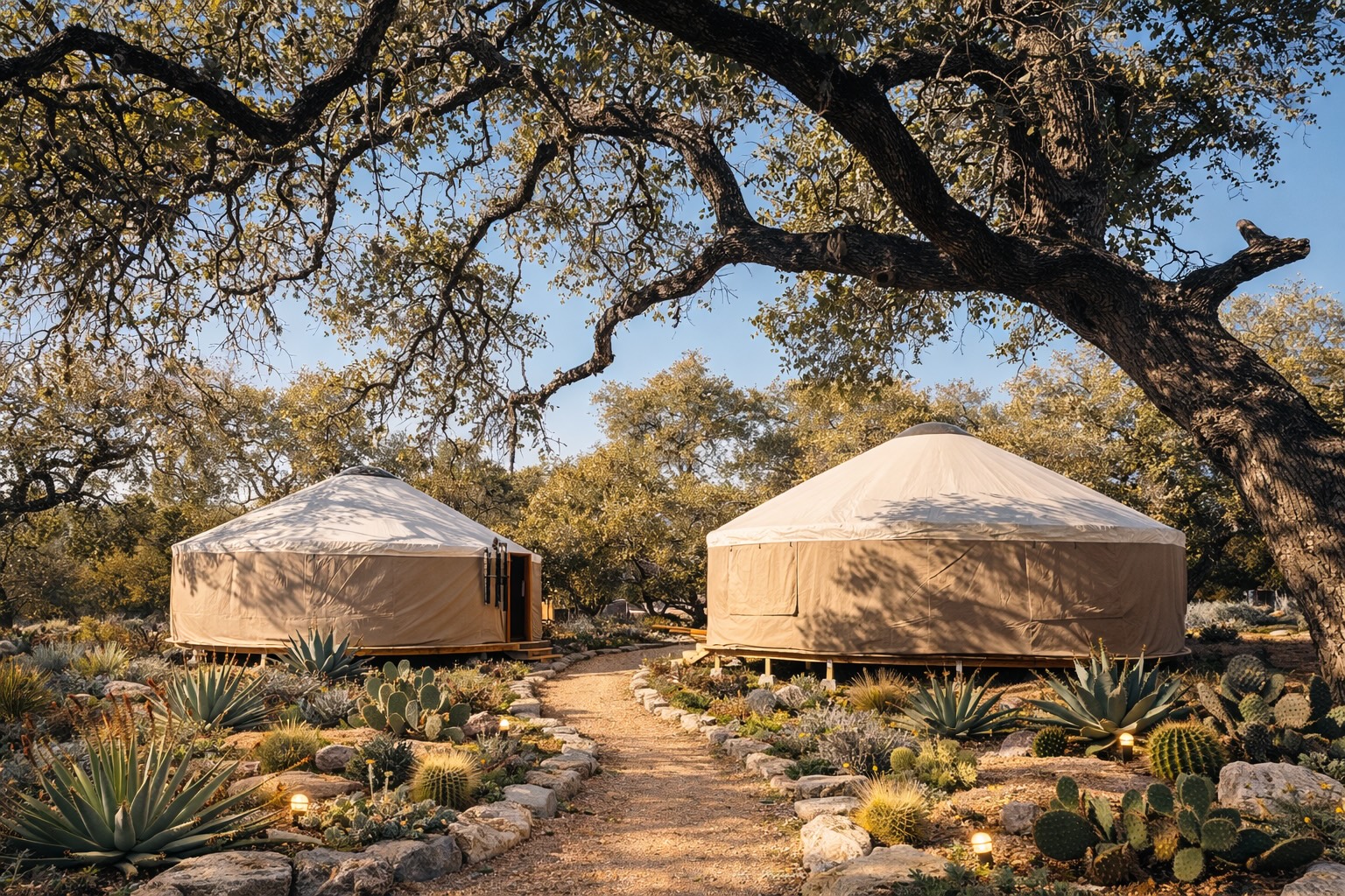 Private healing yurts nestled under live oaks